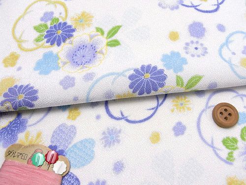 一越ちりめん・和花舞(白/ブルー) 10cm単位 切り売り |生地 和柄/和布