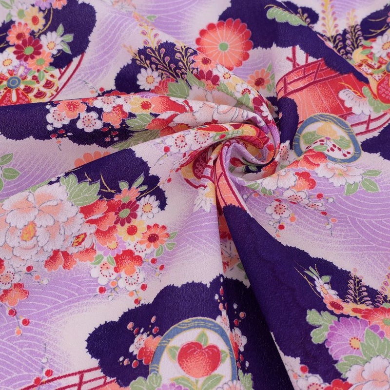 一越ちりめん・波文様に花（紫）
