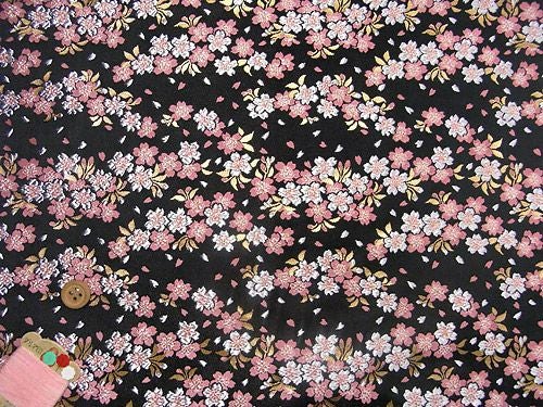 金らん・和桜(黒/ピンク) 10cm単位 切り売り |生地 和柄/和布/ちりめん