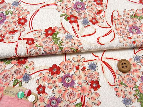ポリちりめん・桜結び(白) 10cm単位 切り売り |生地 和柄/和布
