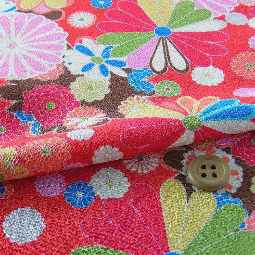 ポリちりめん生地・大菊小菊(赤) 10cm単位 切り売り |生地 和柄/和布