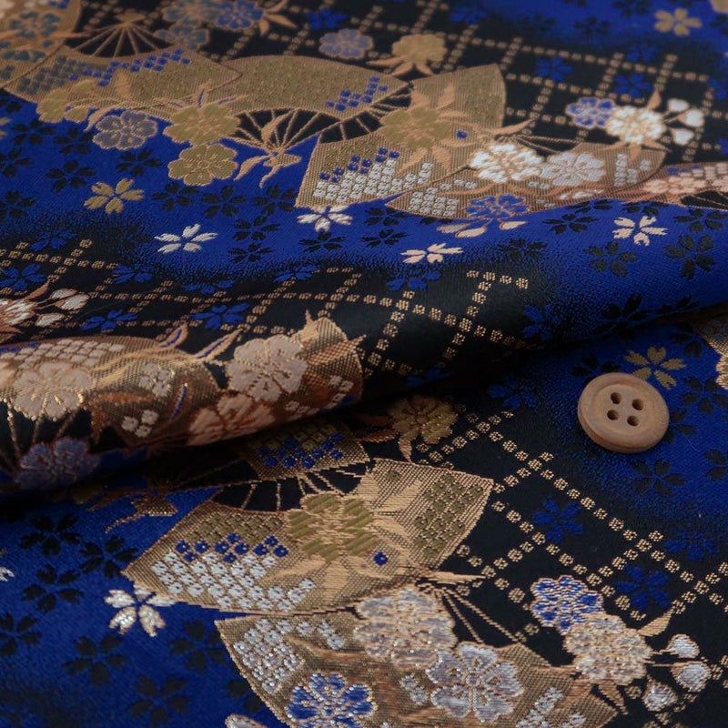 金襴生地（金らん）斜取り扇面桜（黒/青）