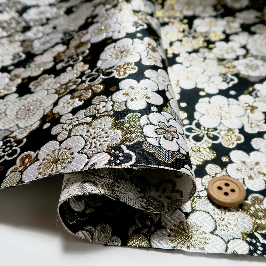 金襴生地(金らん)きらめき梅(黒) 10cm単位 切り売り |生地 和柄/和布