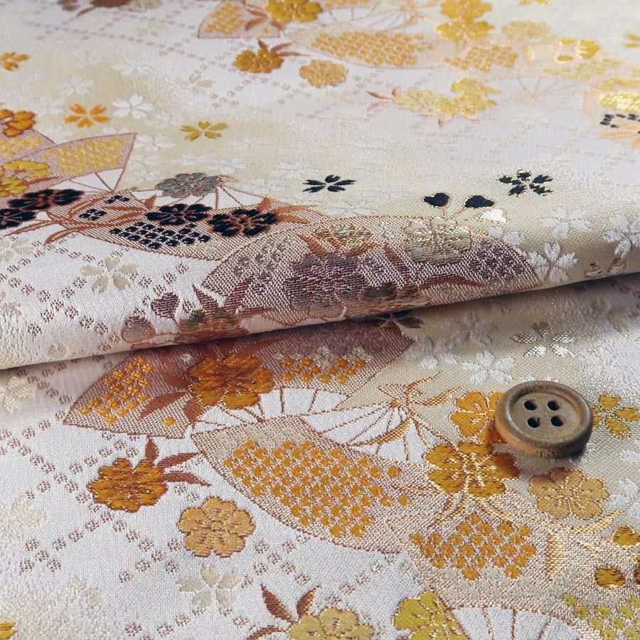 金襴生地(金らん)斜取り扇面桜(アイボリー/山吹) 10cm単位 切り売り