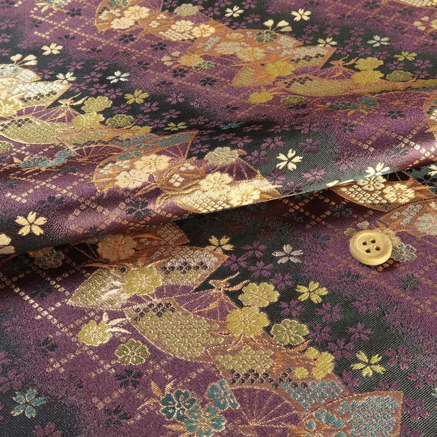 金襴生地(金らん)斜取り扇面桜(深紫/黒)