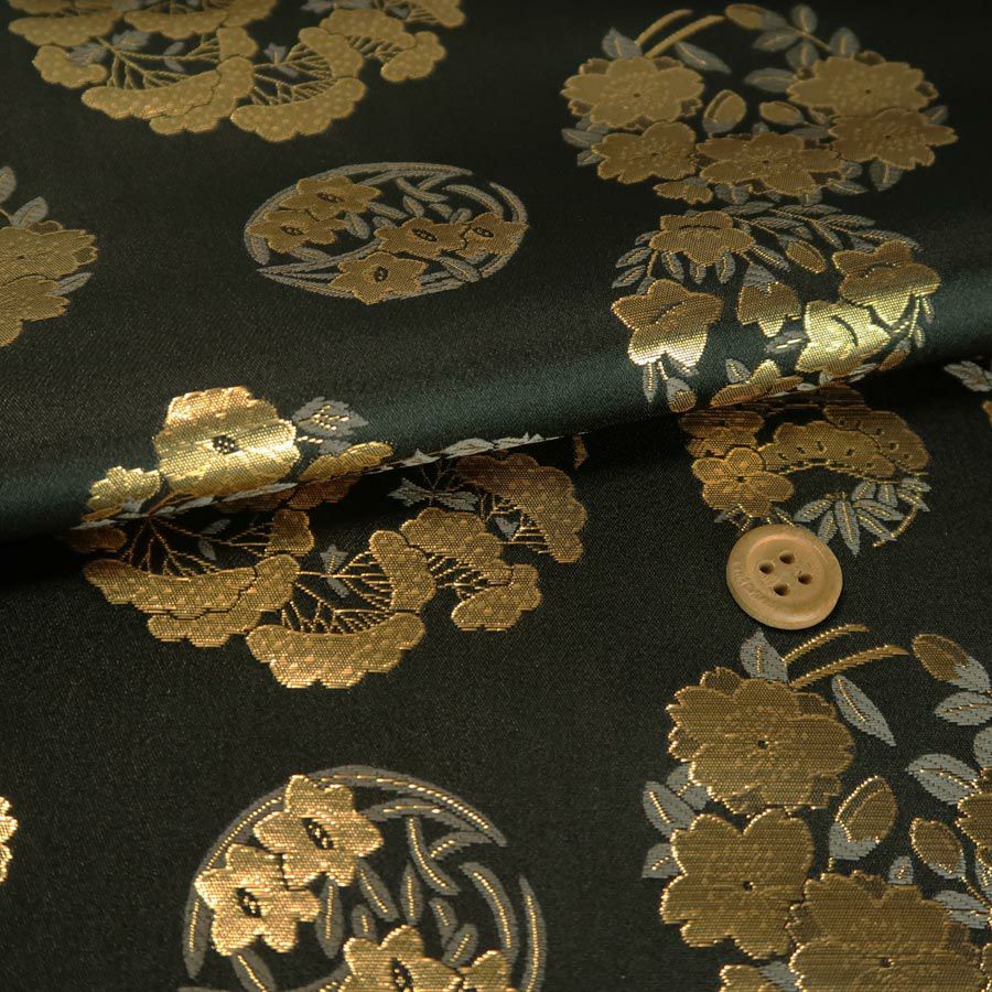 金襴生地(金らん) 金の花丸(黒) 10cm単位 切り売り |生地 和柄/和布