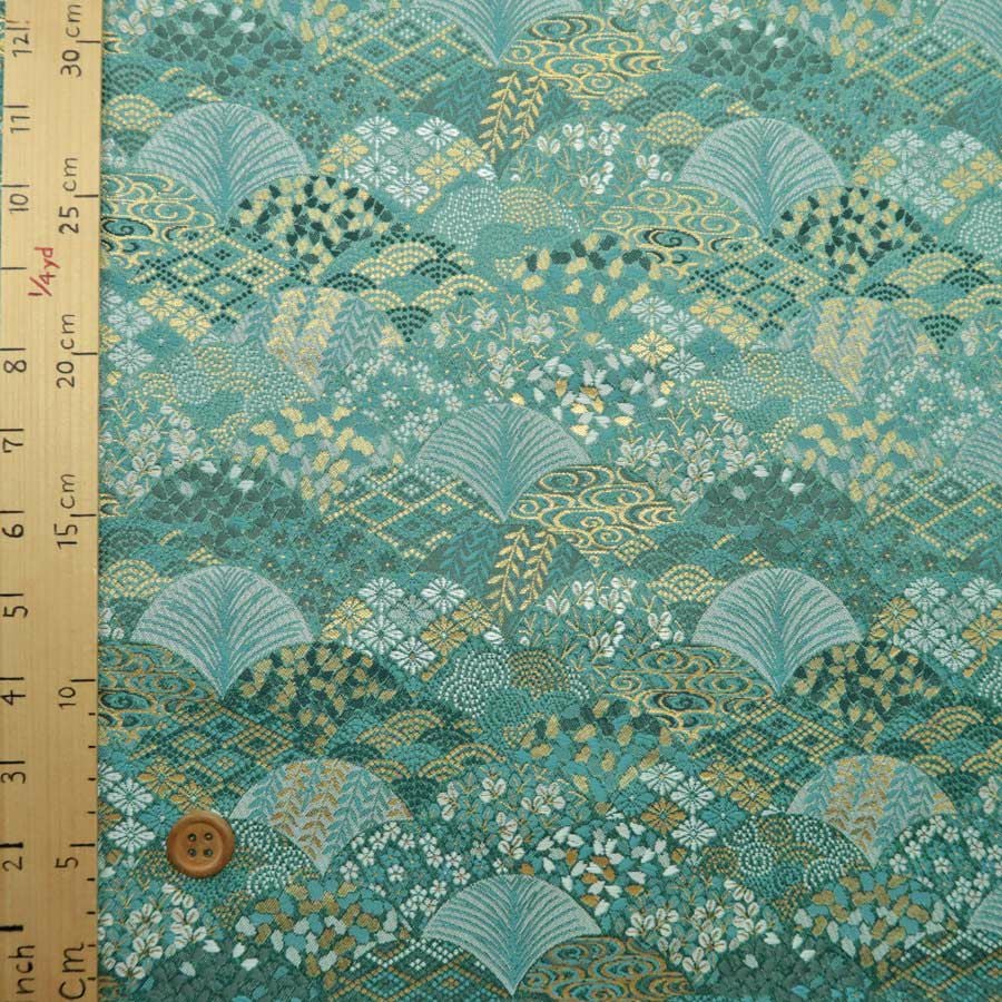 金襴生地(金らん) 柄の青海波(青緑色) 10cm単位 切り売り |生地 和柄