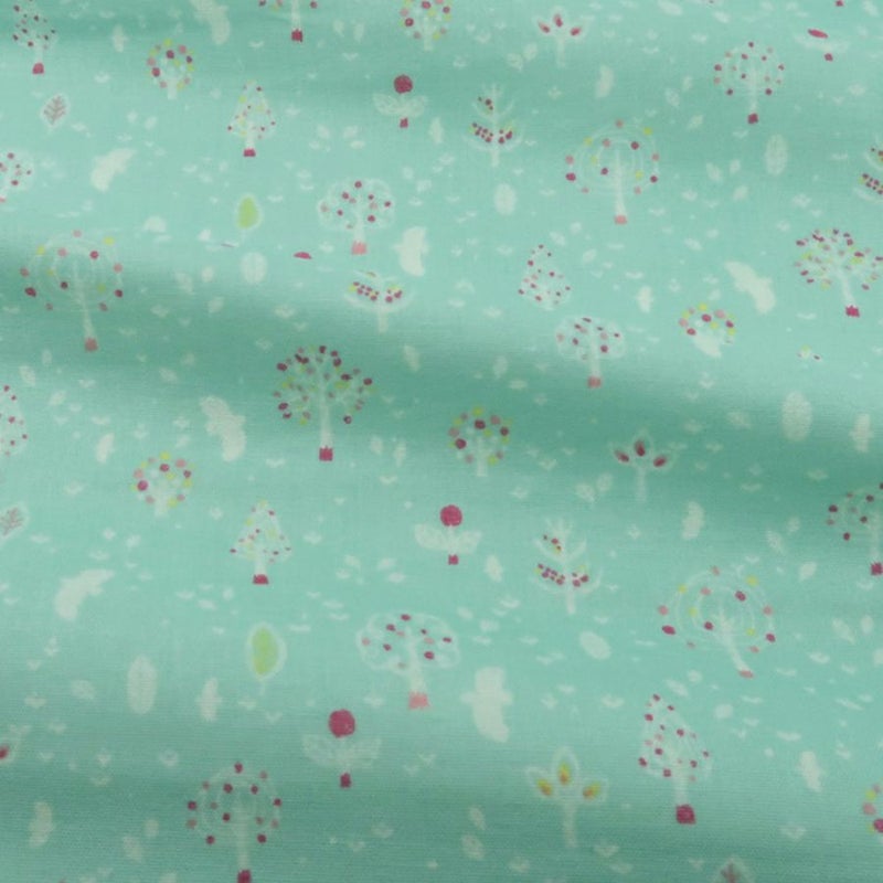 ダブルガーゼ生地 鳥と木立(ブルー)