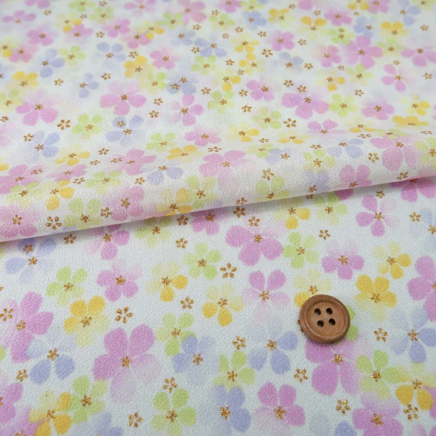 一越ちりめん生地 ふうわり花(白/藤色) 10cm単位 切り売り |生地 和柄