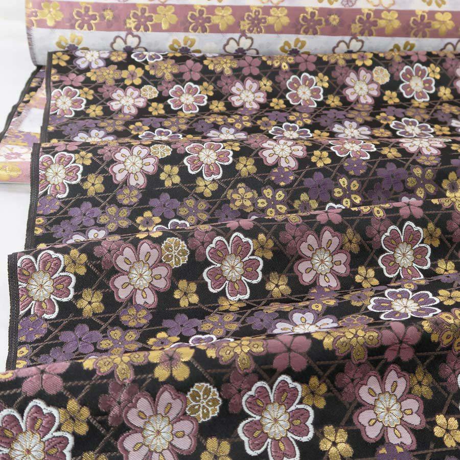 金襴生地(金らん) かごめ模様に満開桜(黒/灰紫) 10cm単位 切り売り