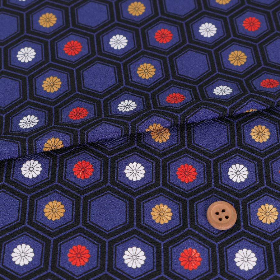 ポリちりめん生地 菊亀甲(紺色) 10cm単位 切り売り |生地 和柄/和布