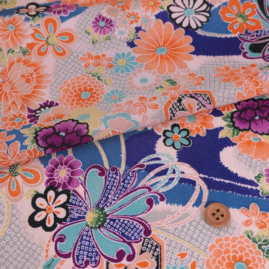 一越ちりめん生地 しぼりに花のし小槌文様(青) 10cm単位 切り売り