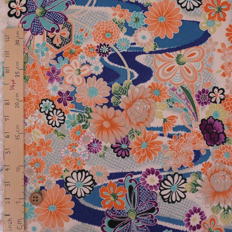 一越ちりめん生地 しぼりに花のし小槌文様(青) 10cm単位 切り売り