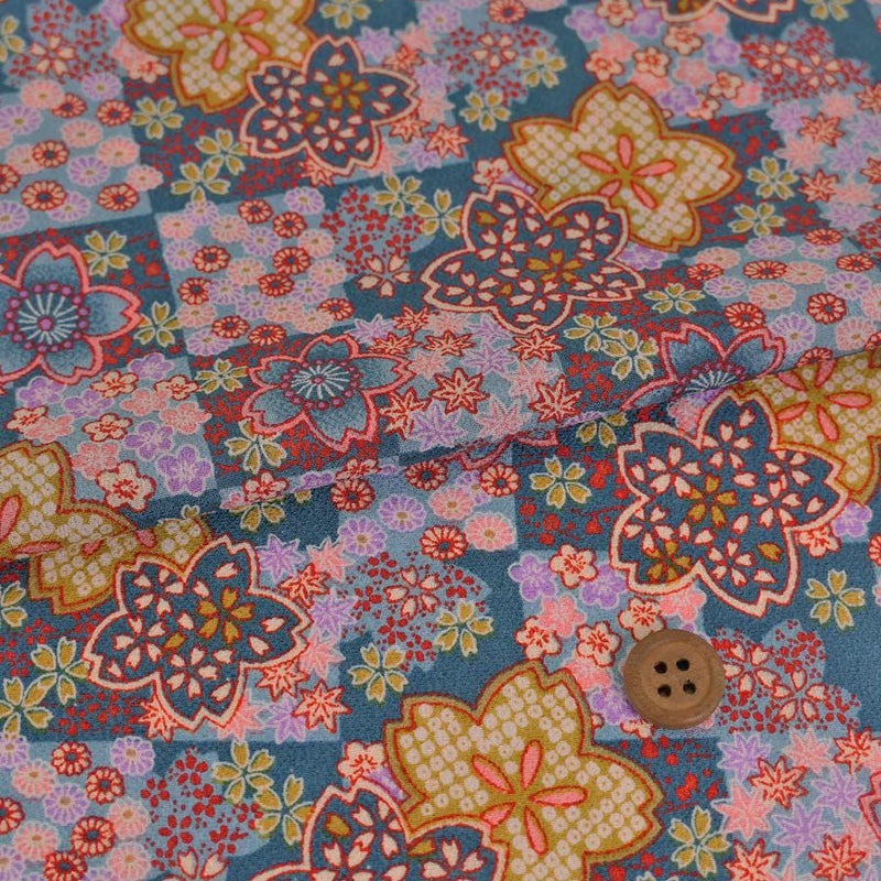 一越ちりめん生地 市松に四季花(納戸色) 10cm単位 切り売り