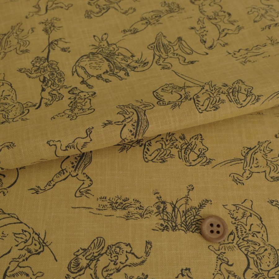 和装バック　着物バック　和柄コットン生地・鳥獣戯画（こげ茶） 風呂敷 おしゃれ エコバッグ むす美 赤 緑 レッド グリーン 鳥獣人物