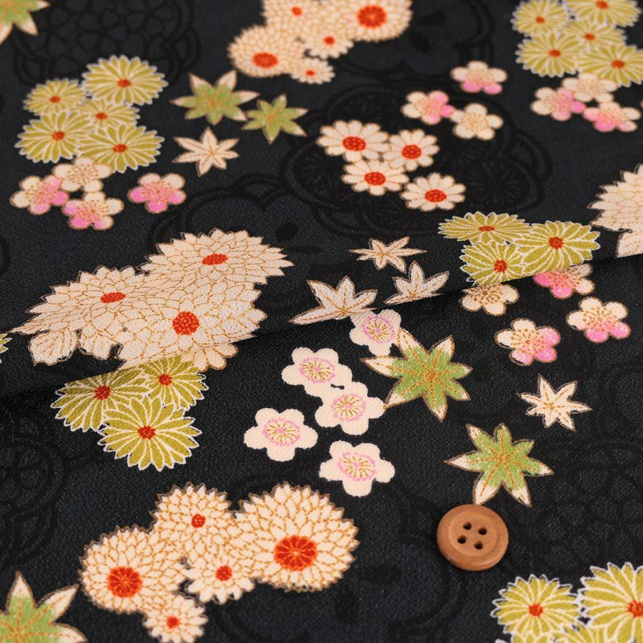 一越ちりめん生地 陰紋に春秋花(黒) 10cm単位 切り売り |生地 和柄