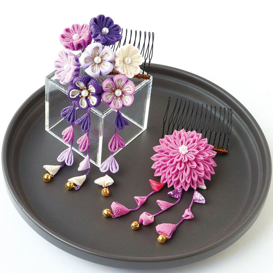 つまみ細工キット 花しごと29/藤紫のコーム(丸つまみ、二重丸つまみ