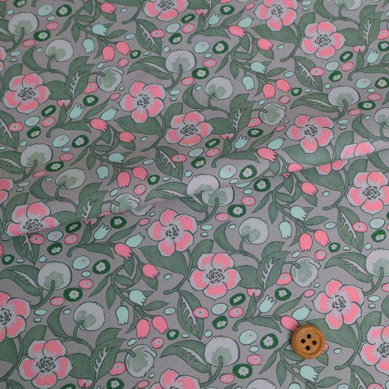 コットン生地 無国籍な花柄(コーラルピンク/グレー) 10cm単位 切り売り 丈夫な綿オックス生地 オリエンタルでエキゾチック 個性的 nora