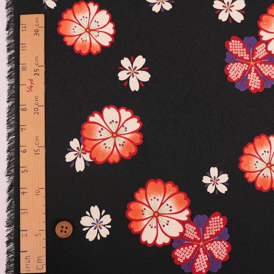 ポリちりめん生地 桜紋ちらし(黒/オレンジ) 10cm単位 切り売り |生地