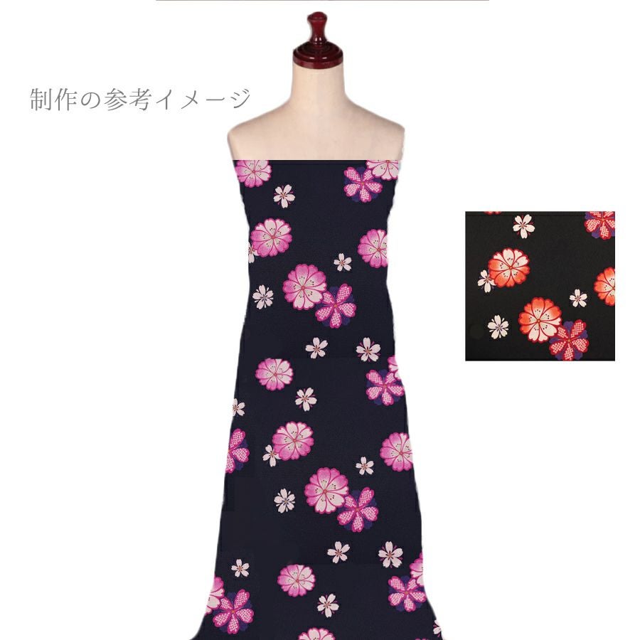 ポリちりめん生地 桜紋ちらし(黒/オレンジ) 10cm単位 切り売り |生地