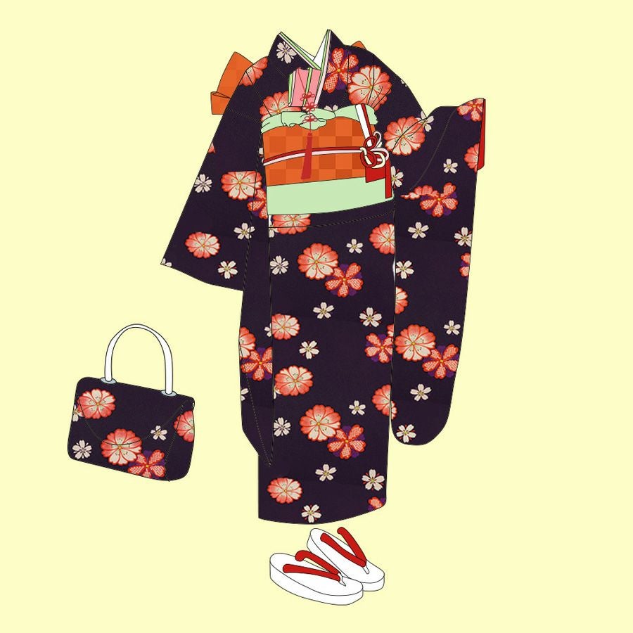 ポリちりめん生地 桜紋ちらし(黒/オレンジ) 10cm単位 切り売り |生地