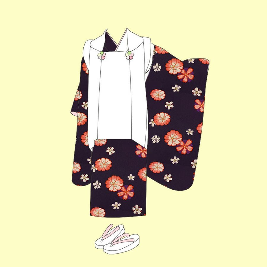 ポリちりめん生地 桜紋ちらし(黒/オレンジ) 10cm単位 切り売り |生地
