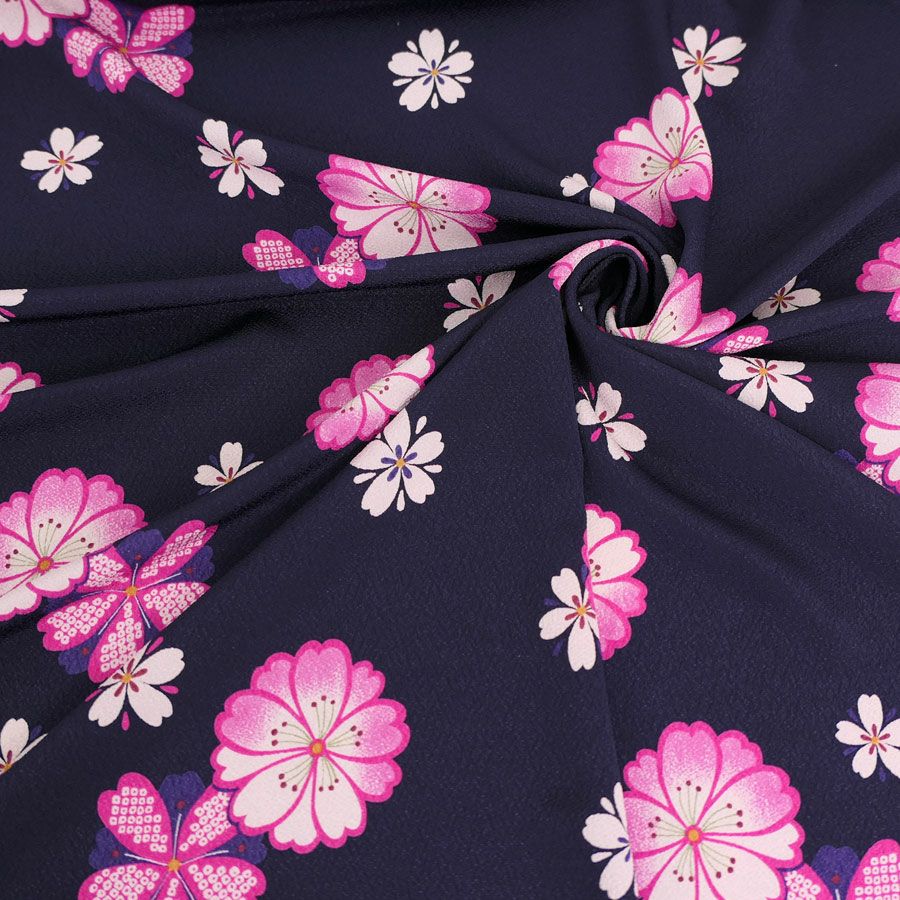 ポリちりめん生地 桜紋ちらし(紺/ピンク) 10cm単位 切り売り |生地 和