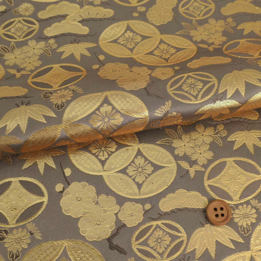 アンティーク　洋書　布生地　金装飾 金襴生地(金らん) 七宝に松竹梅(茶ねず) 10cm単位 切り売り |生地 和柄