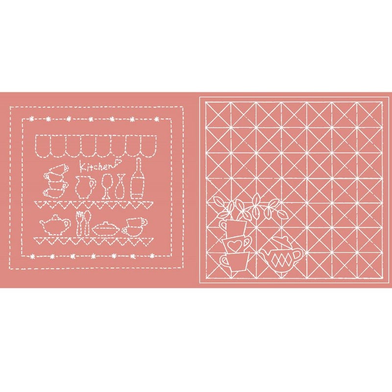 刺し子布 花ふきん (キッチン/ティーカップ) ローズ 刺子用生地 さしこ用布地 キッチン柄 ティーカップ柄 ピンク色