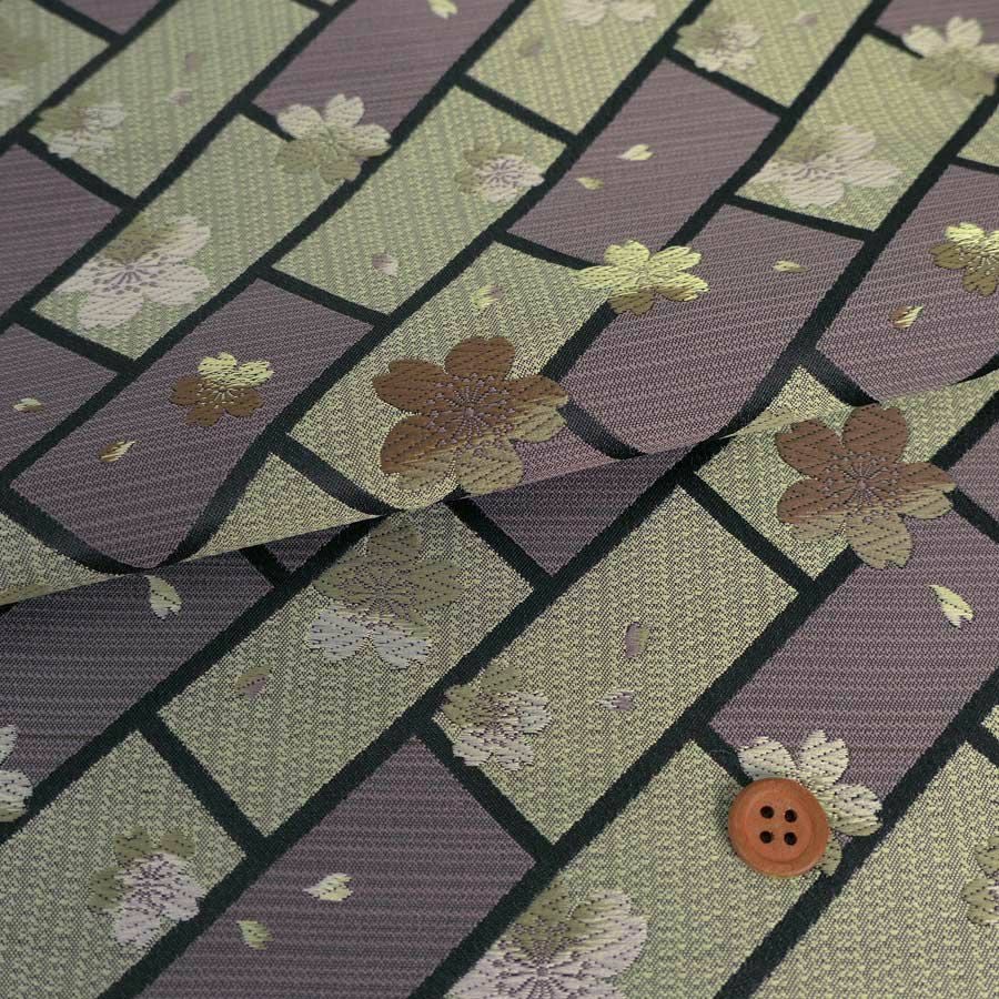 金襴生地(金らん) 桧垣にのぞく桜(ねずみ色) 10cm単位 切り売り |生地