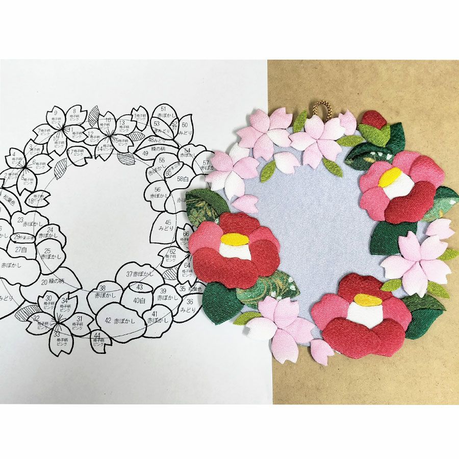 ちりめん手芸キット 花景色いろいろの壁飾り・椿とさくら |生地 和柄
