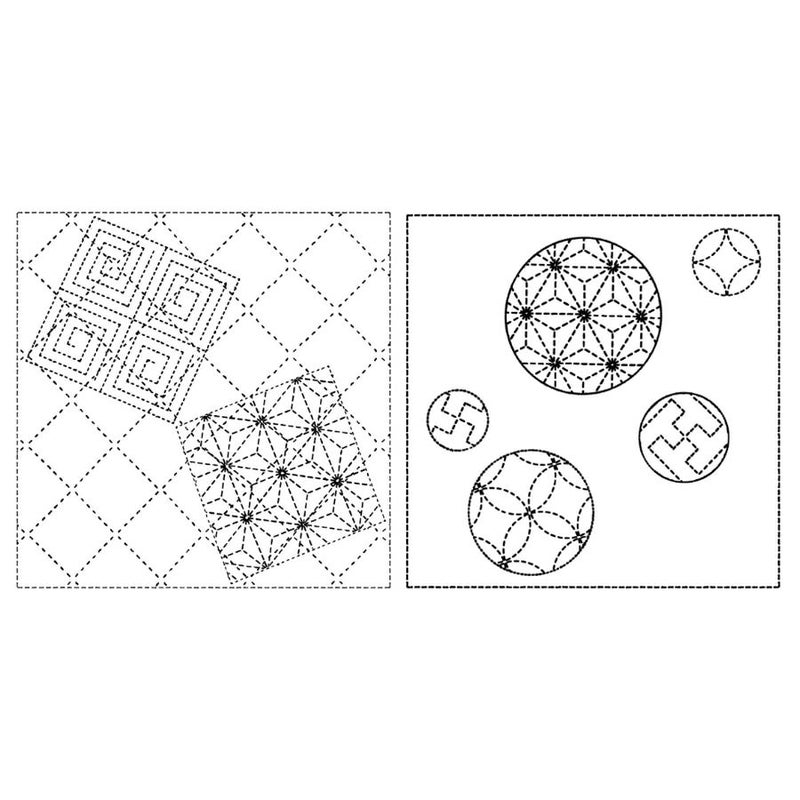 刺し子布 花ふきん (麻の葉と雷紋/手まり柄) 白