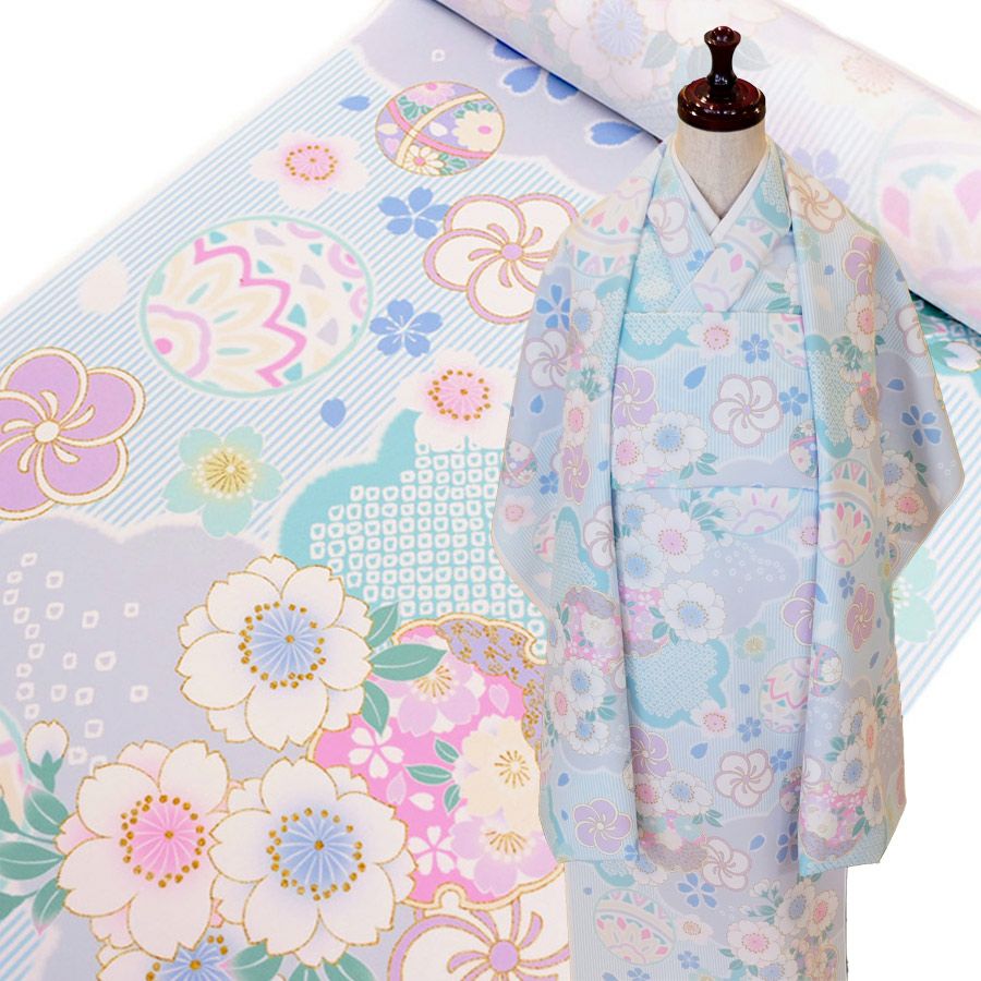 着物  生地 着物用洗える生地 縞に手まりと桜梅(水色) 1反売り(約12m) |生地 和柄