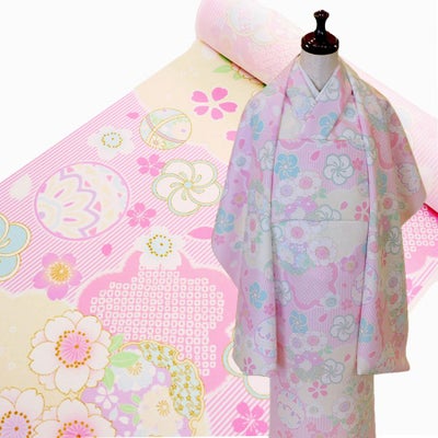 着物用洗える生地 縞に手まりと桜梅(ピンク) 1反売り(約12m) |生地 和 