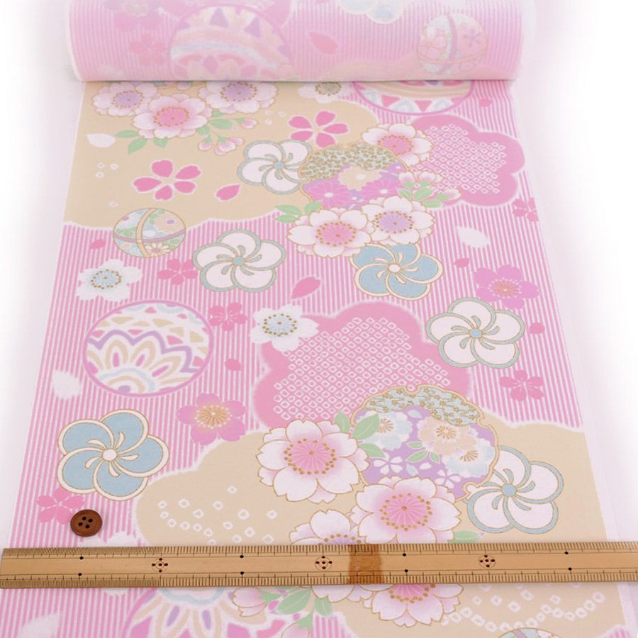 着物用洗える生地 縞に手まりと桜梅(ピンク) 1反売り(約12m) |生地 和