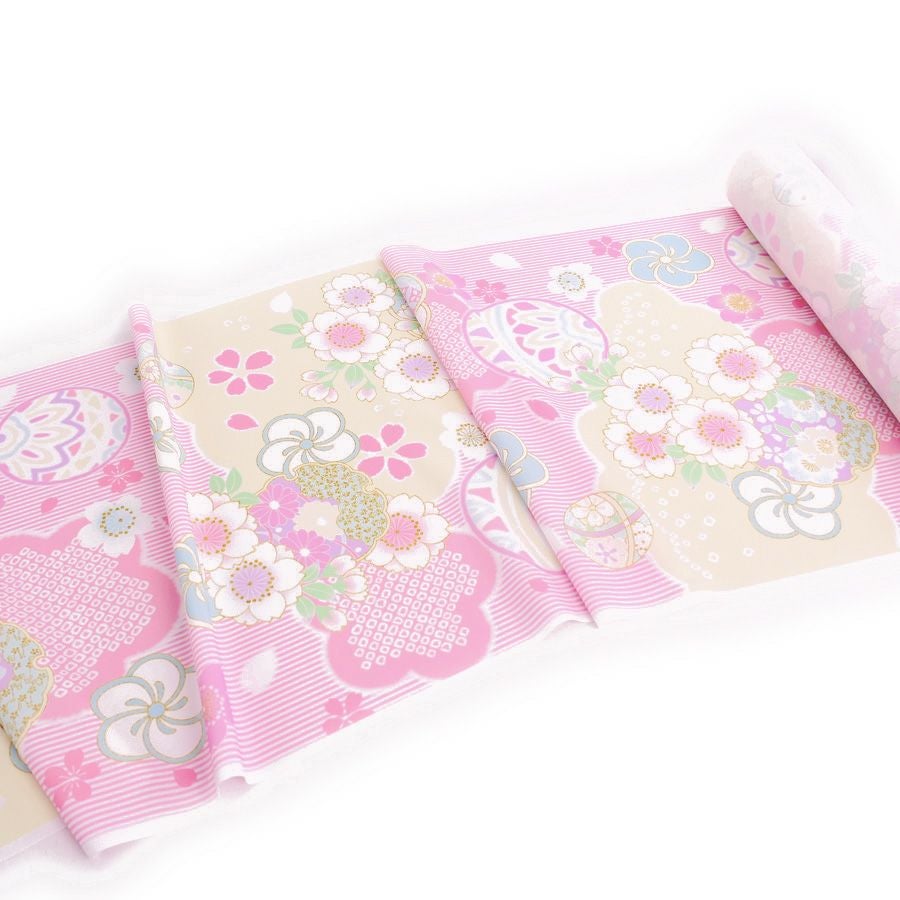 着物用洗える生地 縞に手まりと桜梅(ピンク) 1反売り(約12m) |生地 和