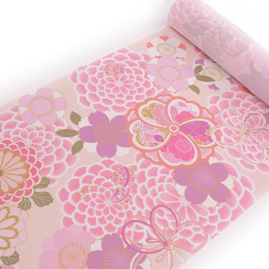 着物用洗える生地 大菊に桜梅(桃色) 1反売り(約12m) |生地 和柄/和布