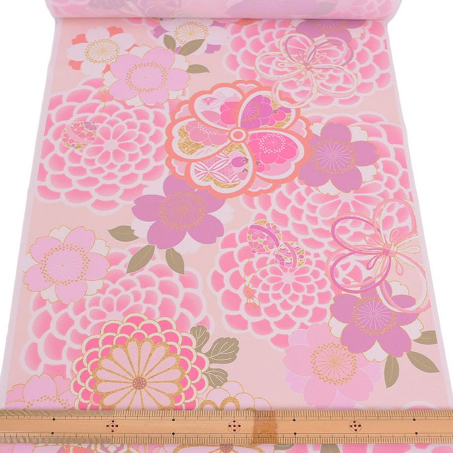 着物用洗える生地 大菊に桜梅(桃色) 1反売り(約12m) |生地 和柄/和布