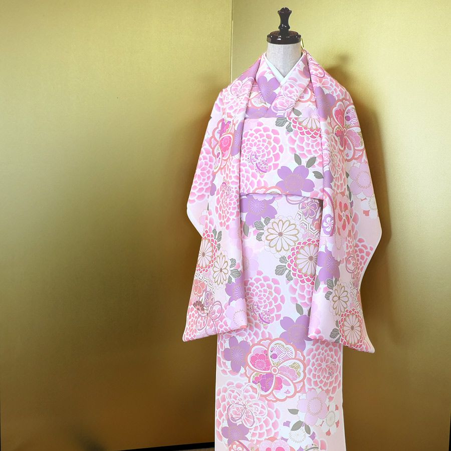着物用洗える生地 大菊に桜梅(桃色) 1反売り(約12m) |生地 和柄/和布
