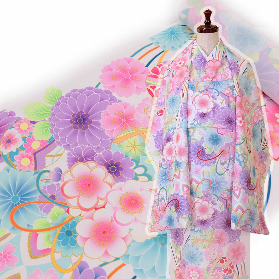 着物用洗える生地 彩り花結び(白地) 1反売り(約12m) |生地 和柄/和布