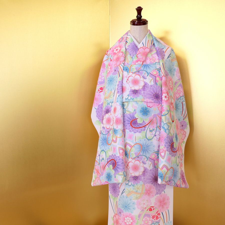 着物用洗える生地 彩り花結び(白地) 1反売り(約12m) |生地 和柄 着物用洗える生地 彩り花結び(白地) 1反売り(約12m) |生地 和柄