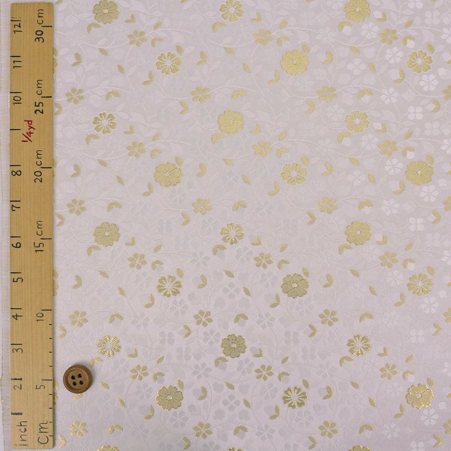 金襴生地(金らん) 優しい花の唐草模様(白) 10cm単位 切り売り |生地 和