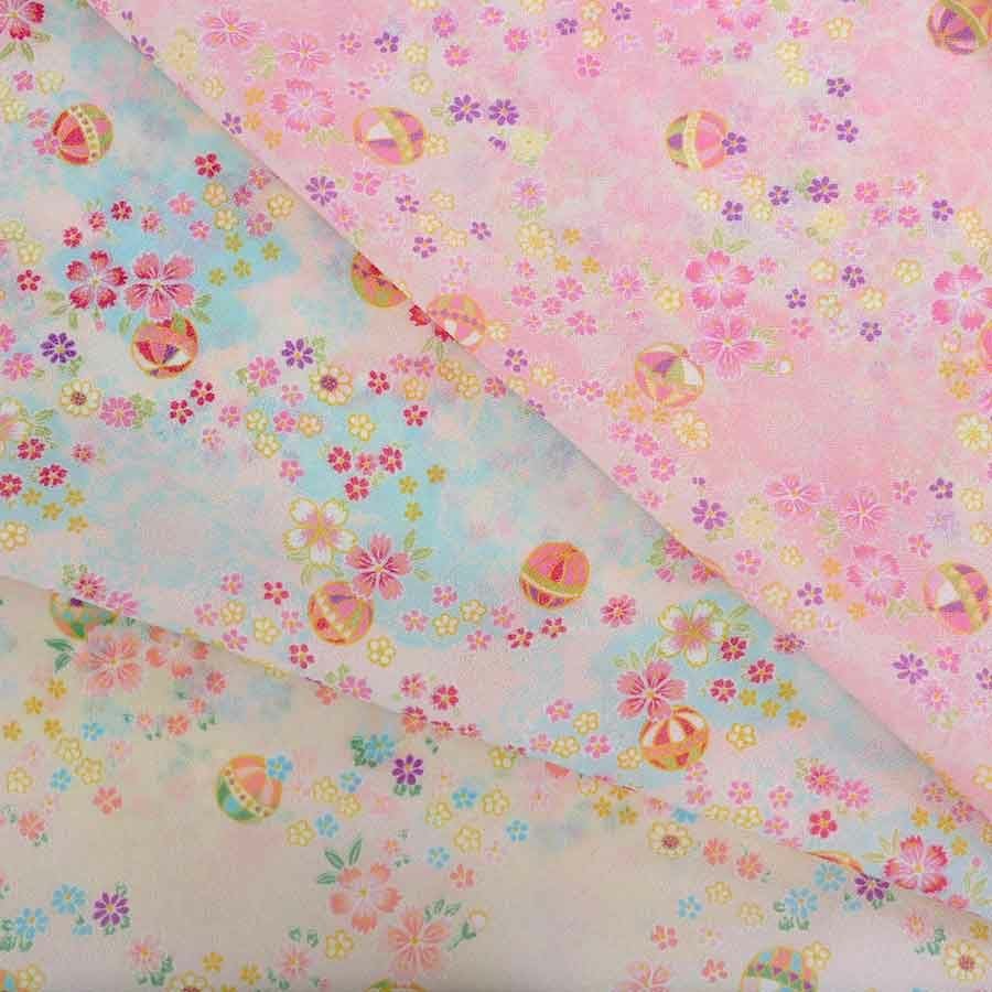 一越ちりめん生地 かすみ桜に手まり(水色) 10cm単位 切り売り |生地 和