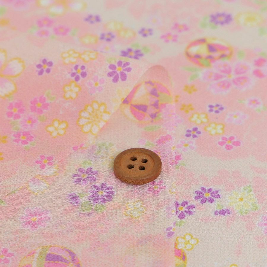 一越ちりめん生地 かすみ桜に手まり(ピンク) 10cm単位 切り売り |生地