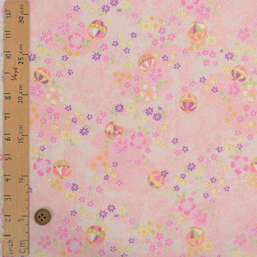 一越ちりめん生地 かすみ桜に手まり(ピンク) 10cm単位 切り売り |生地