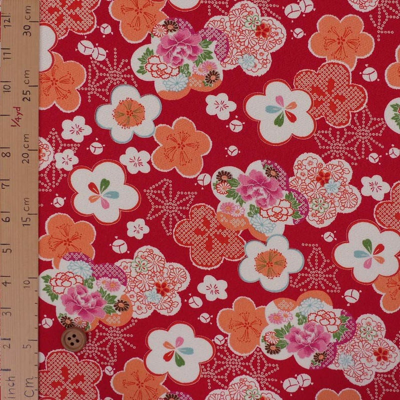 ポリちりめん生地 梅びより(赤) 10cm単位 切り売り 七五三着物手作り女の子 洗えるちりめん ポリエステルチリメン