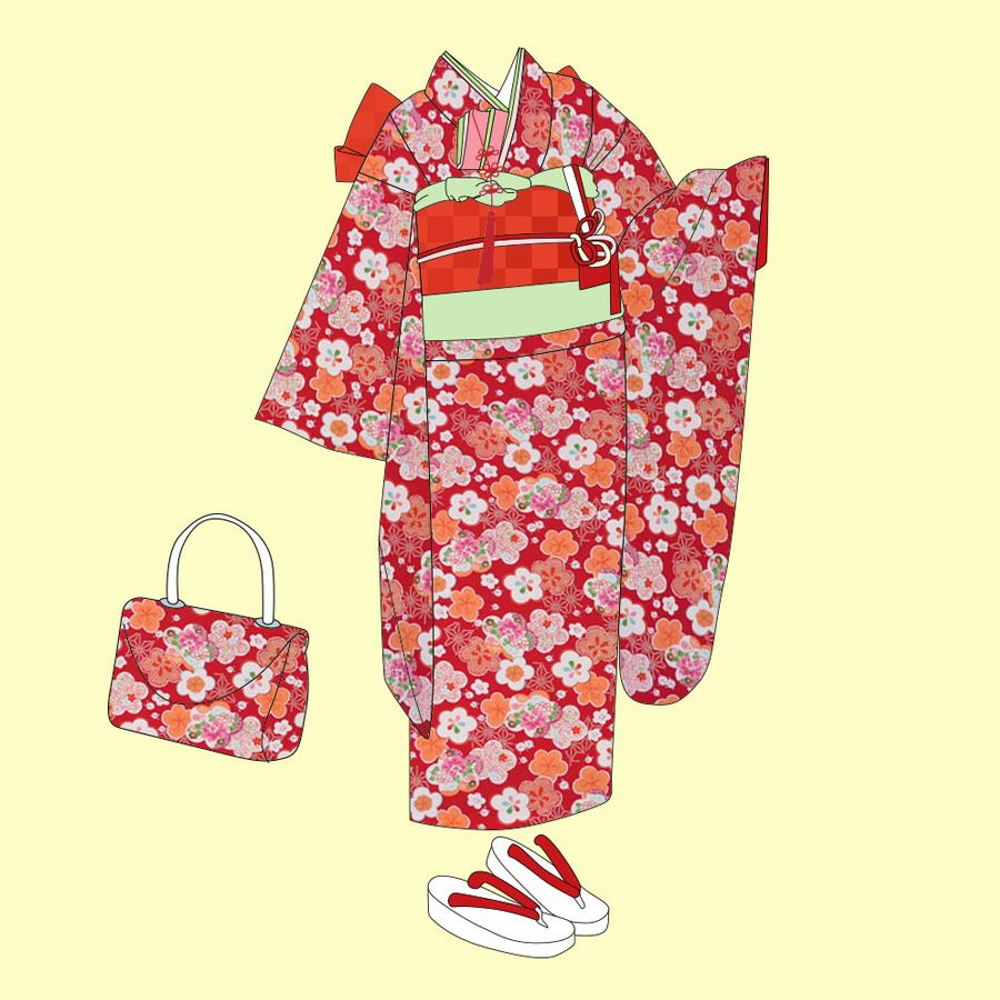 ポリちりめん生地 梅びより(赤) 10cm単位 切り売り |生地 和柄/和布