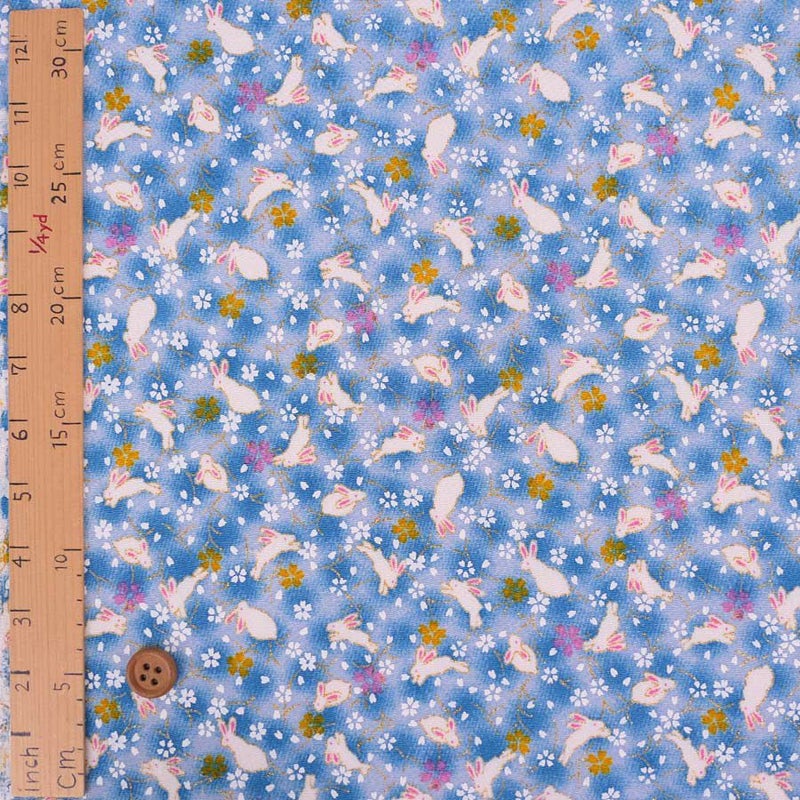 ちりめん生地・うさぎと桜(水色) 10cm単位 切り売り レーヨンちりめん生地 ウサギ柄縮緬 兎兔さくら 可愛いチリメン