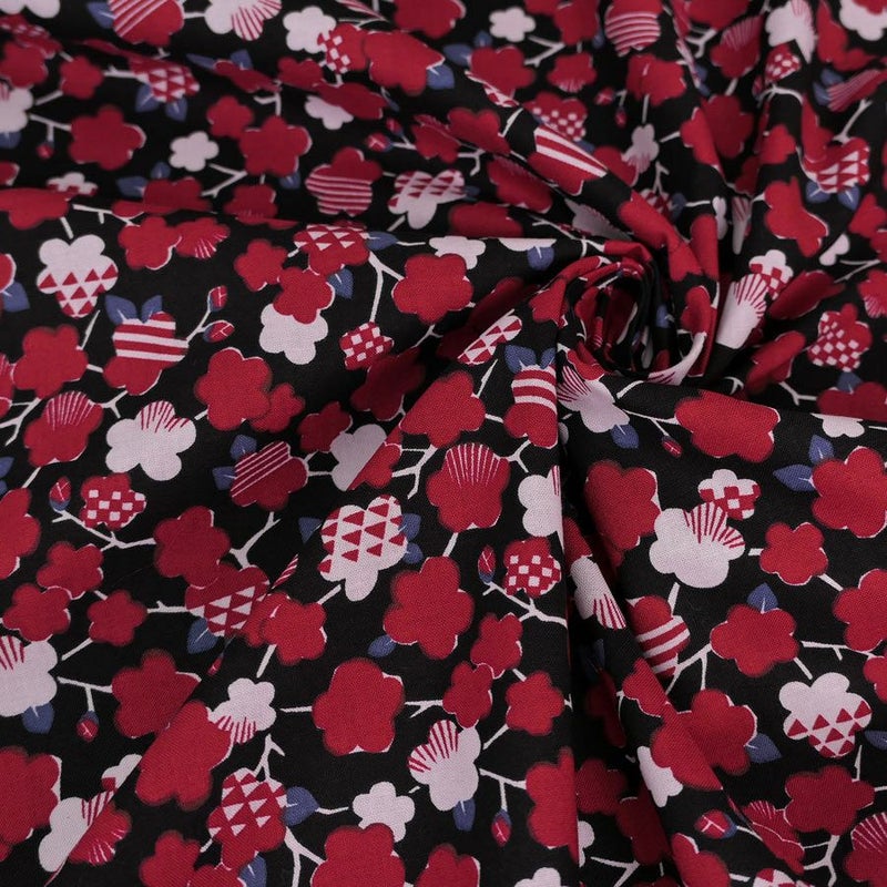 和柄コットン生地 模様の枝梅(黒) 10cm単位 切り売り 和風柄シーチング生地 和調木綿可愛い KOKKAコッカ梅柄黒赤