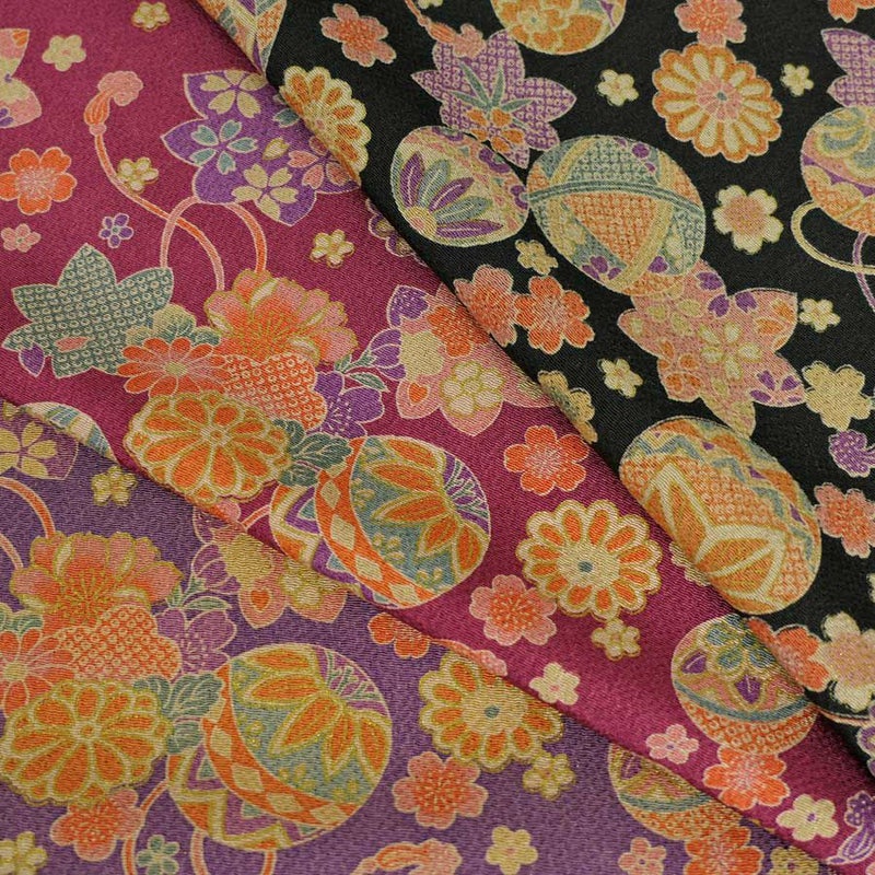 古布調ちりめん生地 手まりと和の花(紫) 10cm単位 切り売り チリメンパープル 手芸用縮緬布地 和風花柄 ちりめん細工用生地